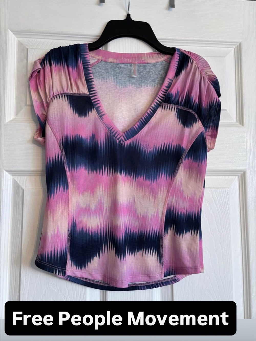 Free People Women's Pink & Navy V-Neck Short Sleeve Top